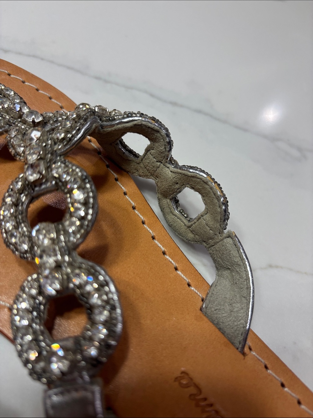 Tommy Bahama Silver Beaded T-Strap Sandals with Brown Footbed - Picture 12 of 12